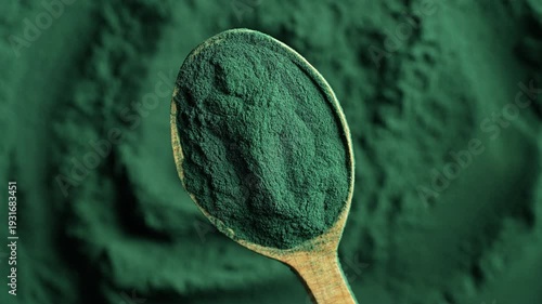 Heap of green spirulina algae powder in a wooden spoon, top view on green spirulina powder background rotates. Dietary supplement to improve health. Seaweed superfood concept. Healthy food