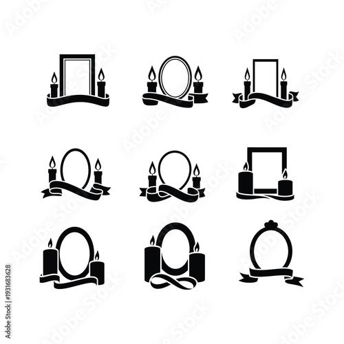 A memorial photo frame set, flanked by mourning candles and a ribbon. 