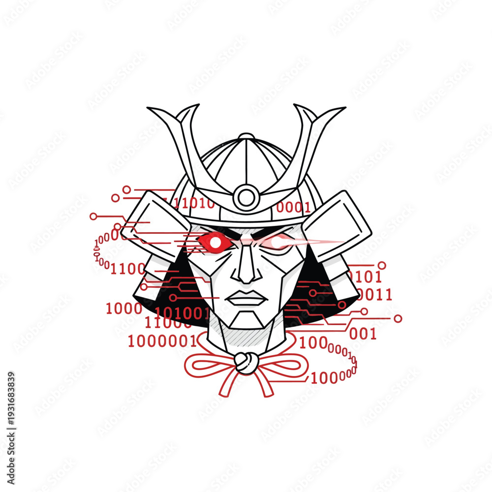 Fototapeta premium Cyber Samurai Warrior Head with Red Eyes and Binary Code Circuitry