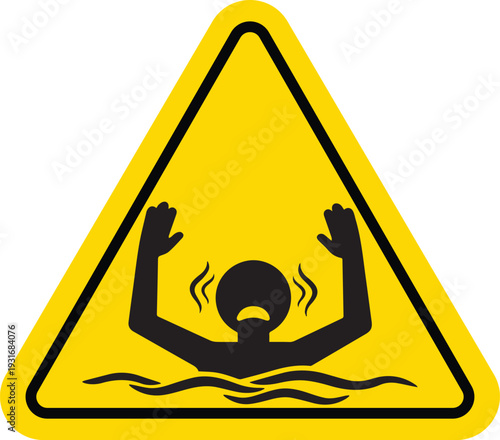 Yellow triangular drowning hazard warning sign with black silhouette icon isolated on white background