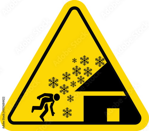 Yellow triangular roof avalanche warning sign with snowflakes and falling person icon on white background