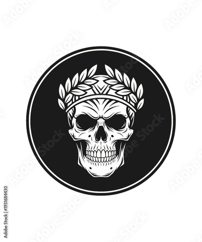 A bold vector illustration of a stylized human skull crowned with a classic laurel wreath design.