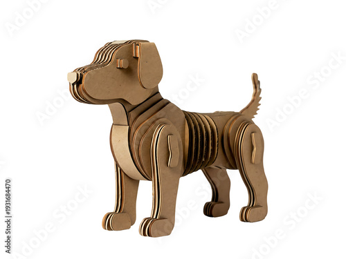 Wooden dog puzzle isolated against transparent background for creative concepts