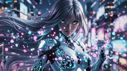 Futuristic Cyberpunk Woman in a Neon Cityscape.