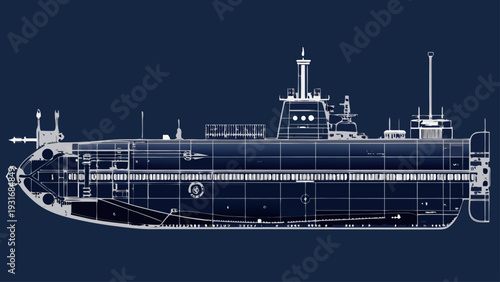Advanced Military Submarine AutoCAD Blueprint – Detailed Side View Naval Engineering Vector on Dark Background