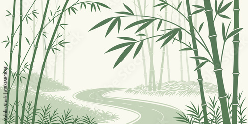 Bamboo Forest Pathway Flat Vector Illustration on White Background