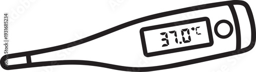 Digital medical thermometer icon. Black and white fever temperature measurement tool with screen line art drawing isolated. Healthcare clinic and hospital equipment design