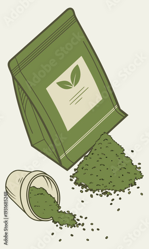Matcha green tea powder spilling from bag and cup.