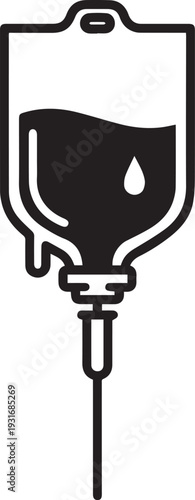 Medical IV drip bag icon. Black and white blood or fluid intravenous infusion line art drawing isolated. Healthcare hospital and clinical treatment design element