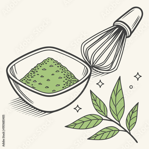 Matcha tea powder in bowl with whisk and green tea leaves.