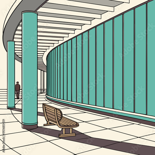 Modern architectural hallway with a lone figure and bench featuring strong lines and a cool color palette.