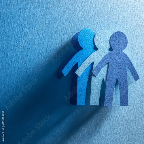 Team Collaboration, Paper Cutouts, Blue Background, Illustration, Creative Workspace, Close-up View, Team Spirit