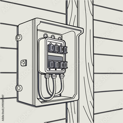 Outdoor electrical disconnect box on a house wall.