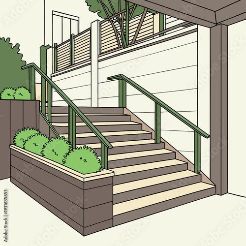 Outdoor Staircase with Planter and Railings.