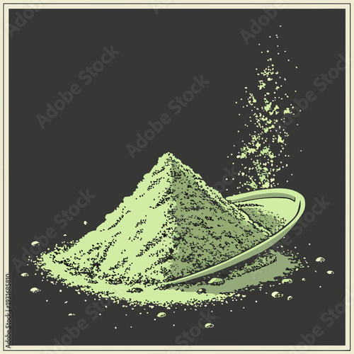 Pile of green powder on a plate with more powder sprinkling down dark background.