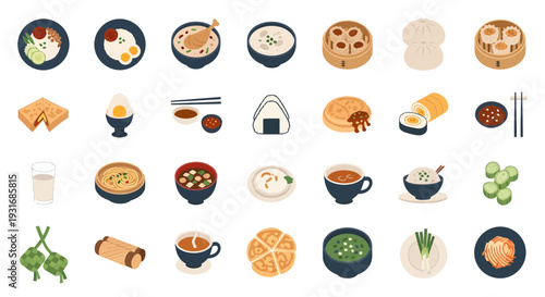 Set of Asian Breakfast and Traditional Street Food Flat Vector Illustrations: Dim Sum, Nasi Lemak, Congee, Ramen, and Traditional Snacks