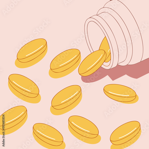 Pills spilling from a bottle representing health medicine and wellness.