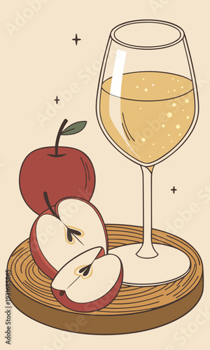 Refreshing Apple Cider in a Glass with Fresh Apples on a Wooden Tray.