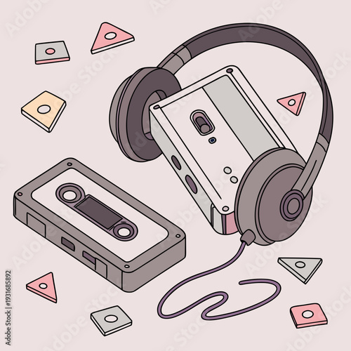 Retro Cassette Player and Headphones with Audio Tapes.