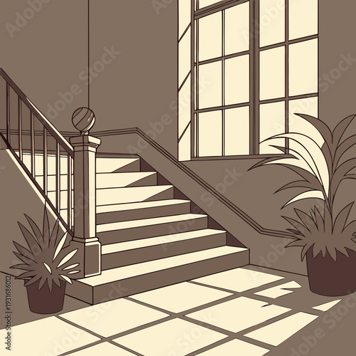 Sunlit Staircase with Potted Plants and Large Window.