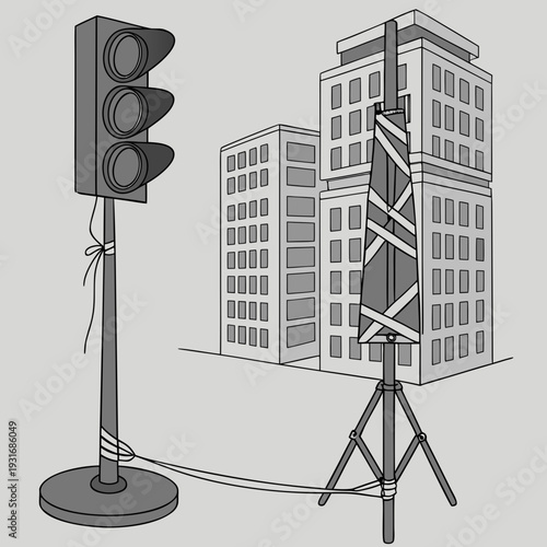 Traffic Light and Communication Tower in Urban Setting.