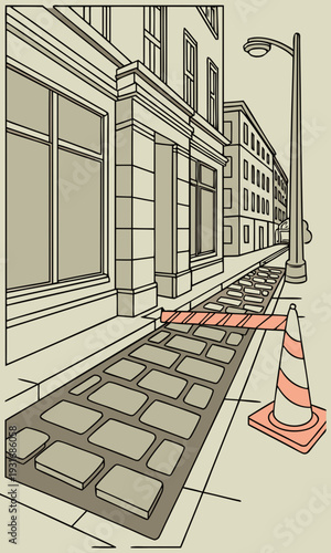Urban sidewalk under construction with safety cone and barrier.