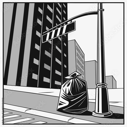 Urban Street Scene with Garbage Bag and Building.