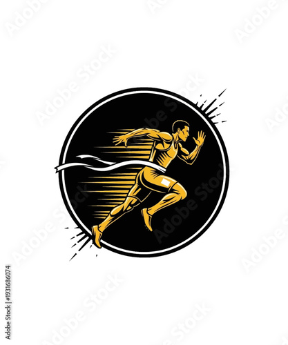 Dynamic vector illustration of a professional male athlete sprinting powerfully across a finish line tape