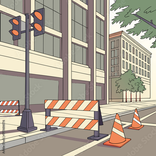 Urban street with traffic lights and construction barriers.