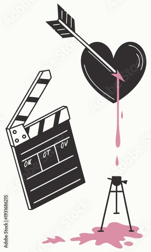 Heart pierced by arrow film clapboard and tripod with pink paint.