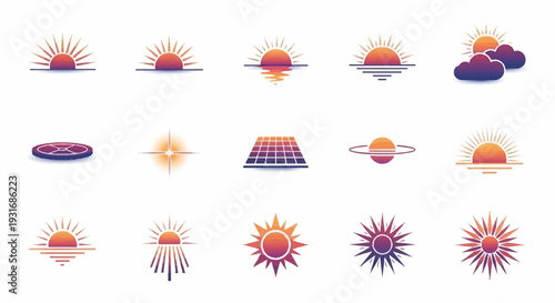 A collection of diverse sun-themed icons and logos, featuring various sunrise, sunset, and abstract solar designs with rays and reflections.