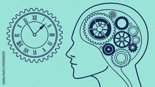 Human Brain with Gears and Clock Representing Time and Thought.