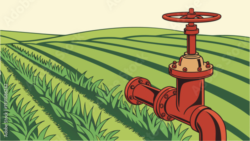 Irrigation system with red valve supplying water to green agricultural fields.