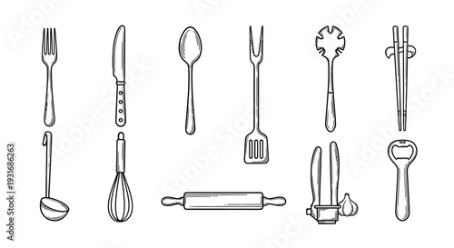 Hand-drawn sketch illustration of various kitchen utensils and cutlery set on a white background.