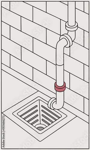 Isometric illustration of a drain pipe connected to a floor drain.