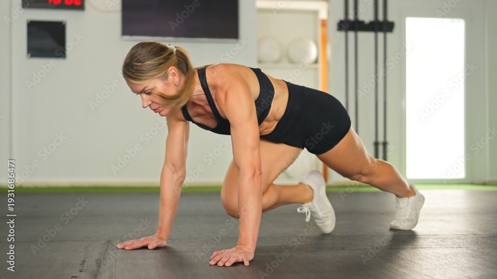 Obraz premium Athletic woman performing mountain climbers during gym workout