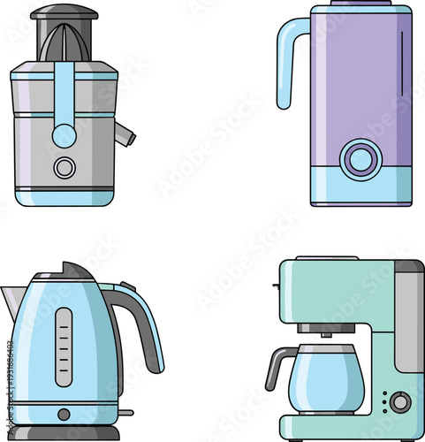 Kitchen Appliance Icon Set with Electric Kettle Coffee Maker Juicer and Thermos for Home Cooking Beverage Preparation and Modern Household Design.