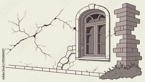 Old Building Wall with Arched Window and Cracks.