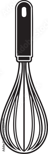 A sleek kitchen whisk with a black handle and metal wires on a plain background