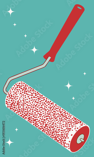 Paint roller with red handle and speckled roller on a teal background with sparkles.