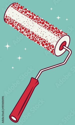 Paint Roller with Red Splatters on a Teal Background.