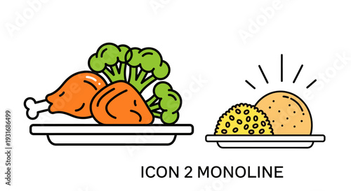 Monoline illustration of two plates of food, one with chicken and broccoli, the other with rice dishes.