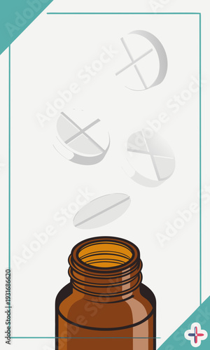 Pills falling into a brown medicine bottle.