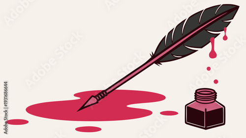 Quill Pen and Inkwell with Red Ink Splatter Illustration.