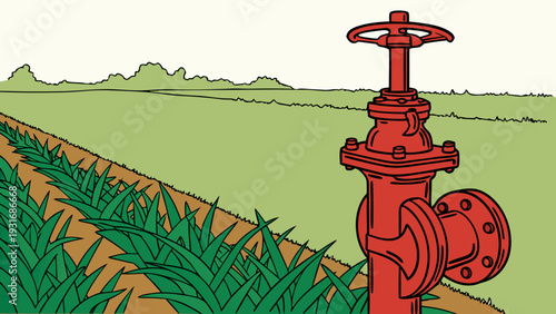 Red irrigation valve in a green agricultural field.