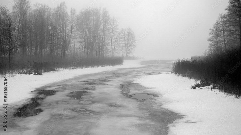 Obraz premium foggy spring landscape with a frozen river, blurred tree outlines in the background, damp and cloudy spring,
