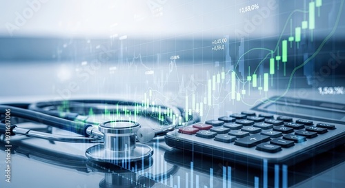 Medical finance stethoscope and calculator with growth charts and data overlay