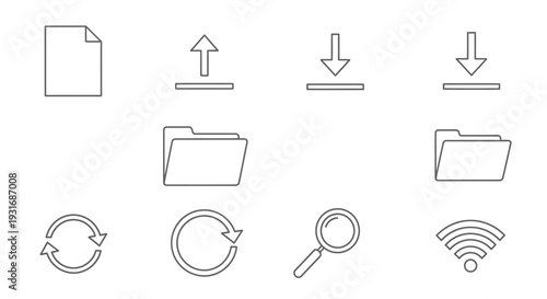Set of Outline File Management and Connectivity Icons on Isolated White Background, Featuring Document, Upload, Download, and Wi-Fi