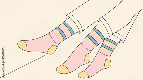 Two pairs of feet wearing colorful striped socks one larger than the other suggesting parent and child.