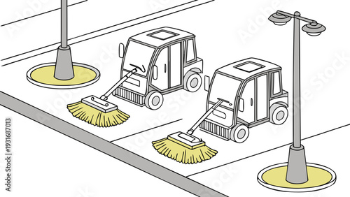 Two street sweepers cleaning a city street with streetlights.